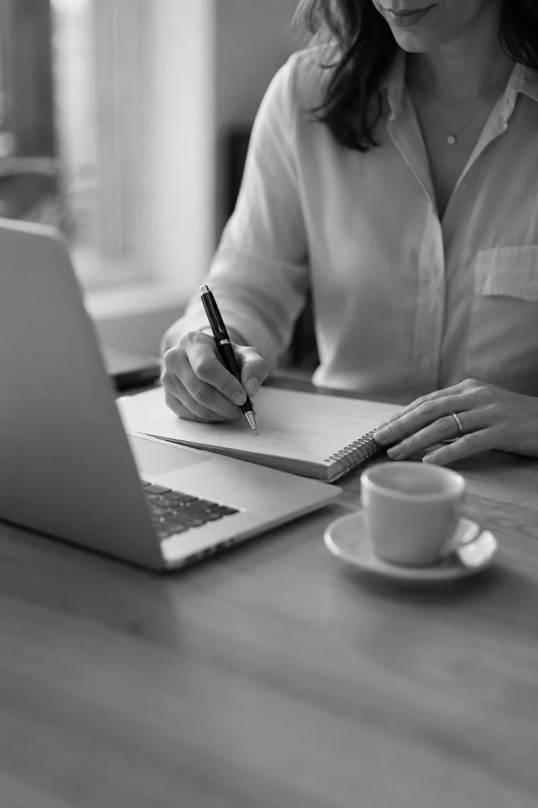 Una scrittrice al lavoro, tra laptop e taccuino